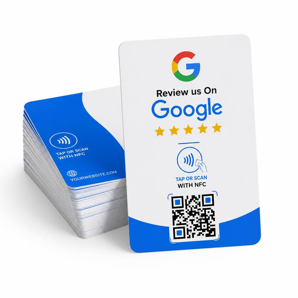 Bílá NFC karta s Google logem, pěti hvězdami a QR kódem